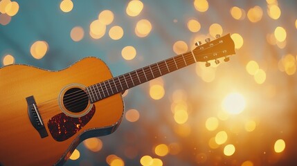 Fototapeta premium A close-up of a beautiful acoustic guitar against a bokeh background, capturing the essence of music and creativity in a warm, inviting ambiance.