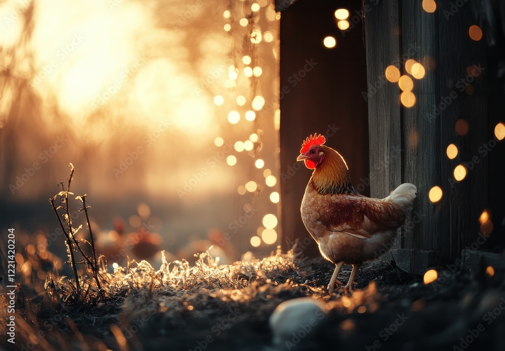 Poster serene farm scene at dusk featuring a rooster standing on dew-kissed grass with glowing bokeh backgr