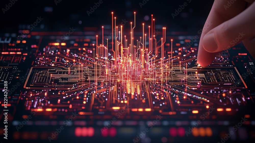 Aufkleber a close-up view of a futuristic circuit board illuminated by glowing lines and nodes, illustrating t