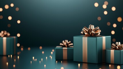 A collection of beautifully wrapped gifts in rich teal and gold against a soft glowing background, perfect for festive celebrations and special occasions.