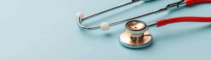 A close-up of a stethoscope resting on a light blue surface, highlighting its metallic and red components, symbolizing healthcare and medical practice.