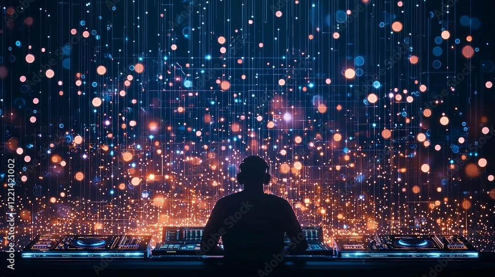 Poster a dj passionately performs at a vibrant event, surrounded by colorful lights and mesmerizing visual 