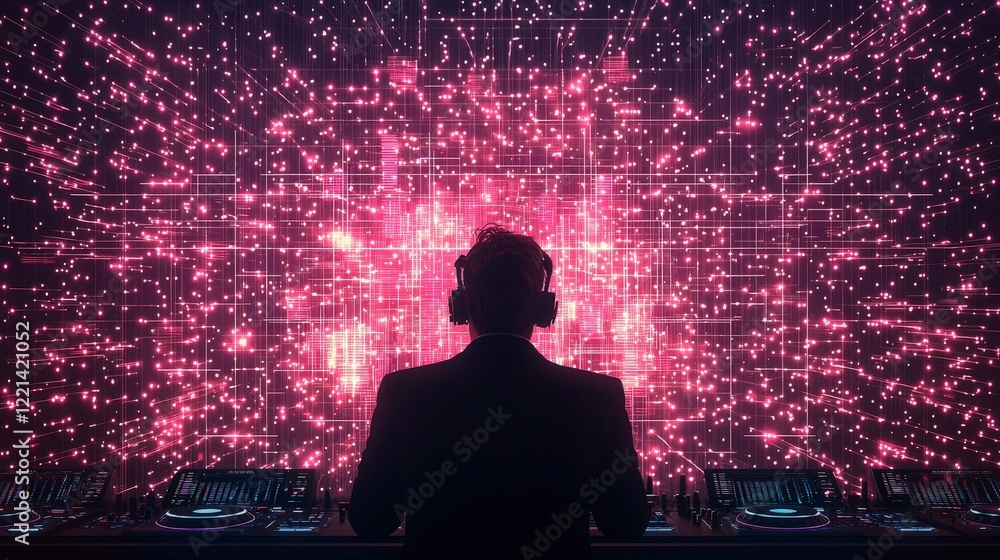 Poster a dj performing in front of a vibrant digital backdrop, creating an electrifying atmosphere with col