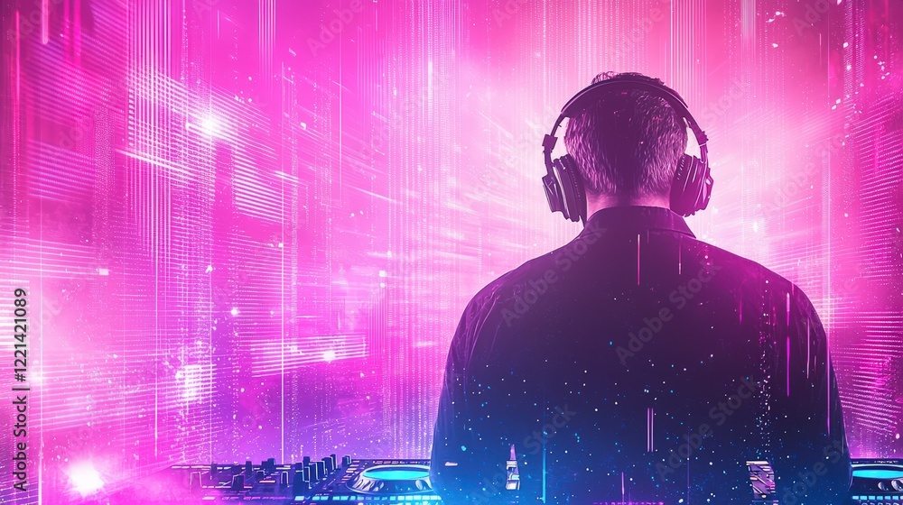 Poster a dj performs at a vibrant event, surrounded by colorful lights and digital effects, creating an ele