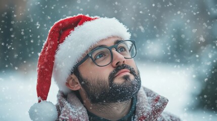Young caucasian male in santa hat gazing upward in snowy winter scene