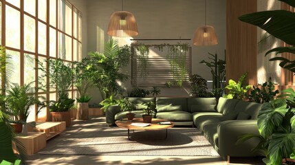 Fototapeta premium Stylish Indoor Living Space With Abundant Greenery in a Sunlit Room Decorated With Modern Furnishings and Natural Light