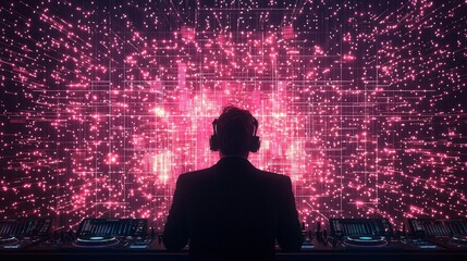 A DJ performing in front of a vibrant digital backdrop, creating an electrifying atmosphere with colorful lights and sound for a lively audience.