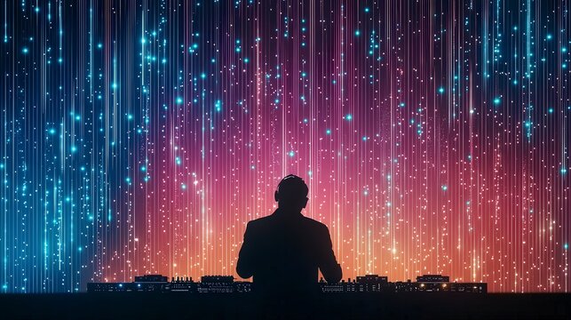 A DJ performing in front of a vibrant and colorful light display, creating an energetic atmosphere for an unforgettable music experience.