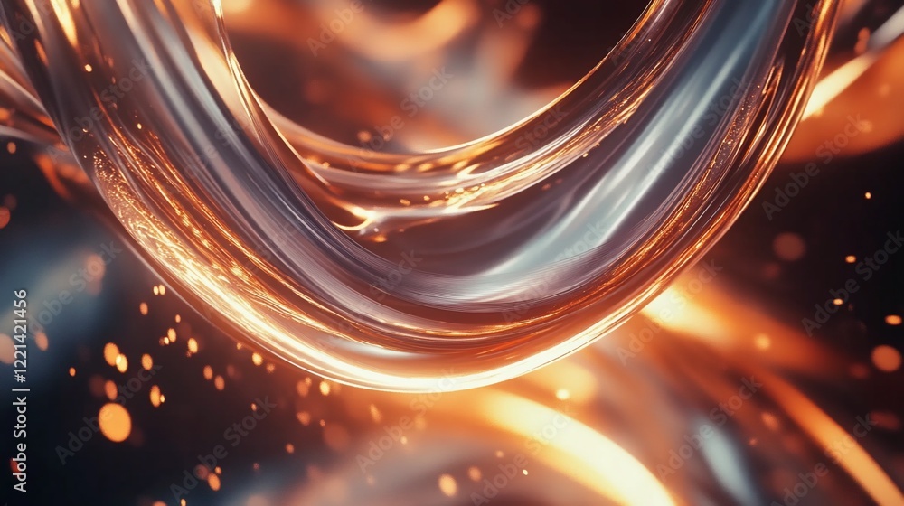 Poster abstract metallic swirls with warm glowing elements and scattered light particles, a dynamic composi