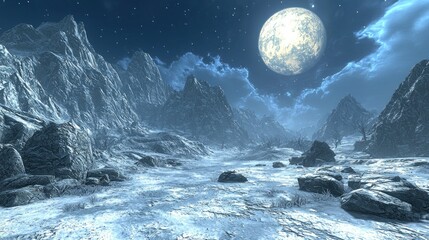 Fototapeta premium Frozen mountain range moonlit night landscape, game background