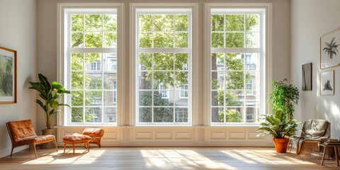 Fototapeta premium Bright and Airy Living Room With Large Windows and Natural Plants in a Serene Indoor Setting