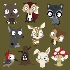 Cute and funny woodland animals clipart. Set of 10 elements. 