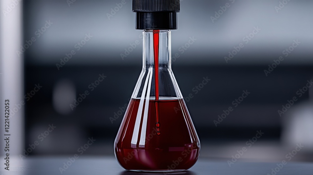 Poster precise chemical dropping: a close-up view of a single flask containing a red liquid, with a precise