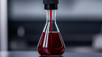 Precise Chemical Dropping: A close-up view of a single flask containing a red liquid, with a precise droplet of liquid being dispensed from a pipette. The background is subtly out of focus.