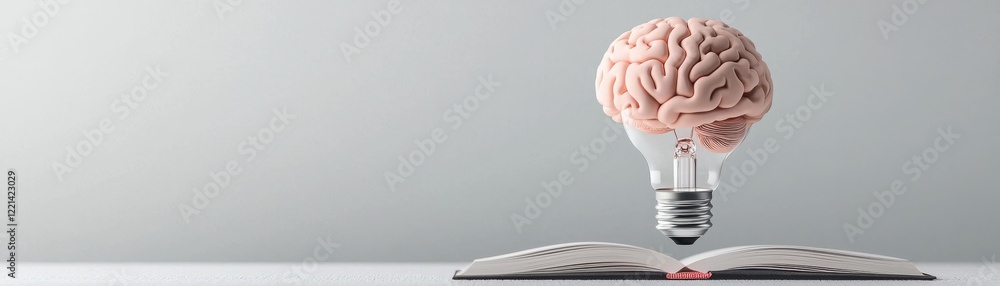 Poster a light bulb with a brain symbolizes creativity and knowledge, resting on an open book, representing