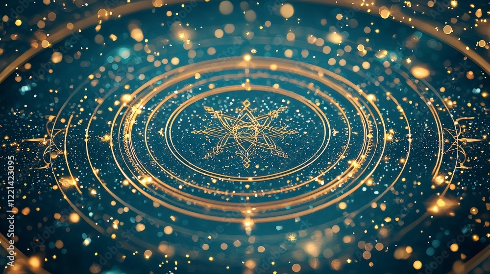 Poster a mesmerizing abstract design with golden circles and sparkling particles, creating a captivating vi