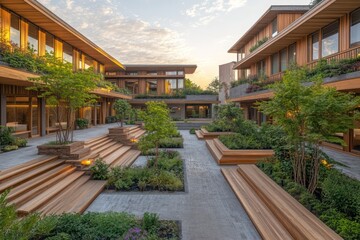 A serene health retreat featuring wooden accents, cascading terraces, and a lush courtyard