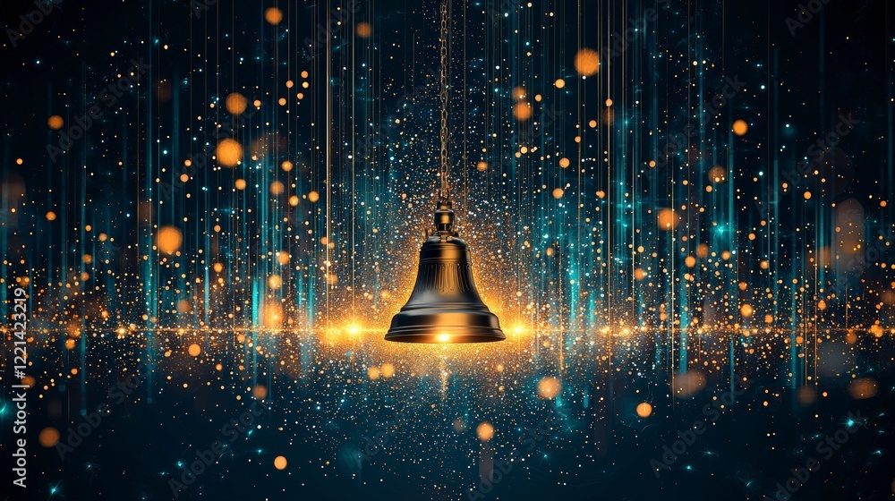Poster a mesmerizing golden bell surrounded by sparkling particles in a dark blue background, creating a ma
