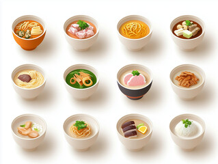 Ic&ocirc;nes de bols de soupes asiatiques en 3D sur fond blanc