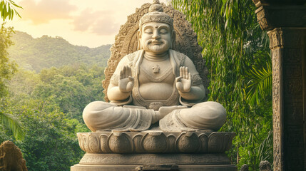 serene stone statue of seated figure in lush garden, surrounded by greenery and mountains, radiating tranquility and peace