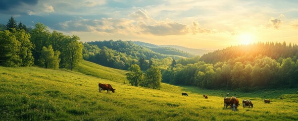 Serene Rural Landscape at Sunrise with Cows Grazing in a Lush Green Meadow Surrounded by Trees and Rolling Hills Under a Colorful Sky