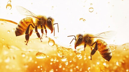 Fototapeta premium Honey Bees in Golden Nectar: A Close-Up of Nature's Sweetness