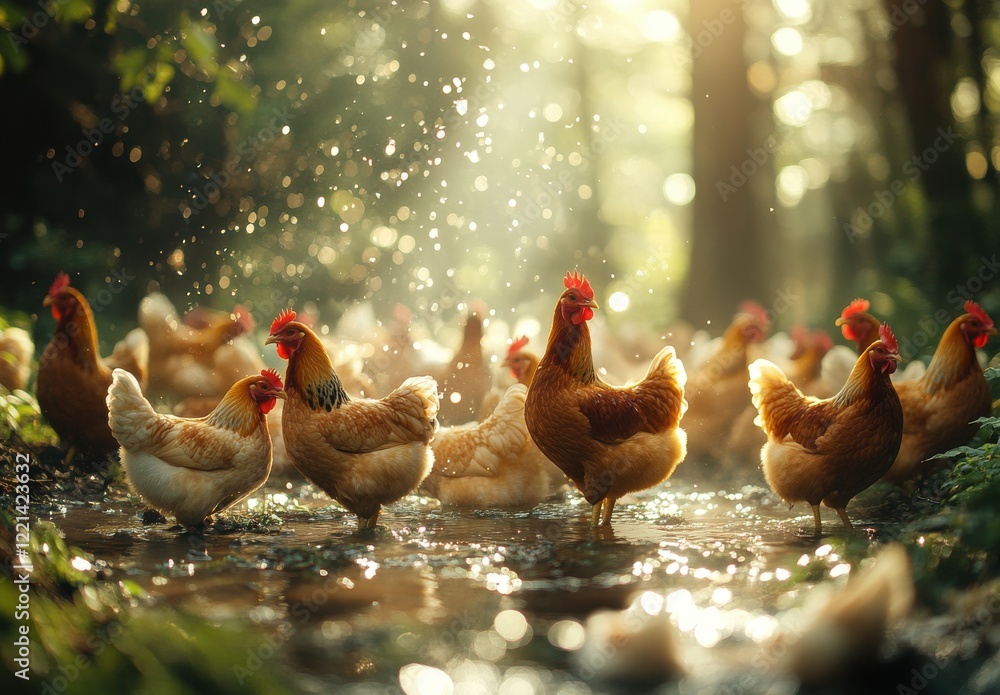 Poster serene scene of chickens in a sunlit forest stream with gentle water droplets and soft sunshine filt