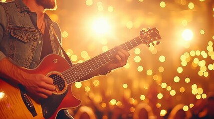 Obraz premium A musician plays acoustic guitar on stage, creating a vibrant atmosphere illuminated by warm lights and an engaged audience enjoying the live performance.