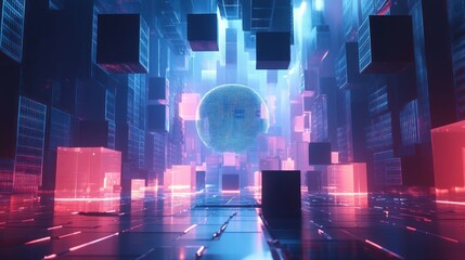 Futuristic cityscape of glowing cubes and a central sphere