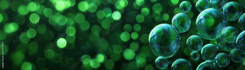 Poster abstract image featuring green bubbles floating in a blurred background, creating a serene and vibra