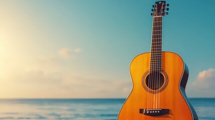 A serene scene featuring an acoustic guitar resting on the beach, with a beautiful ocean backdrop and clear blue skies, perfect for relaxation and inspiration.