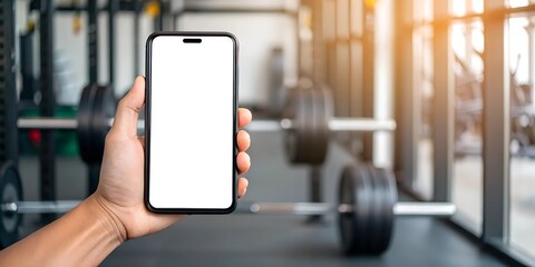  Smartphone mockup with a blank white screen held in a hand against a blurred gym background, suitable for health or fitness app branding and promotions.