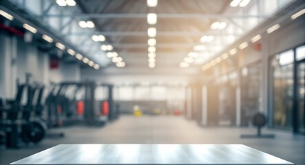 tabletop mockup with a blurred spacious gym and sunlight streaming in, ideal for presenting fitness products or branding concepts.