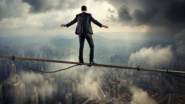 Businessman skillfully walking a tightrope above a bustling city skyline, demonstrating balance and focus amidst dramatic clouds and a vast urban landscape