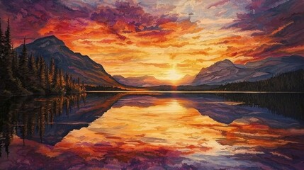 A painting of a sunset over a lake with mountains in the background