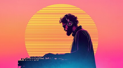 A silhouetted DJ mixes music against a vibrant sunset background, showcasing the energy and creativity of nightlife and music culture.