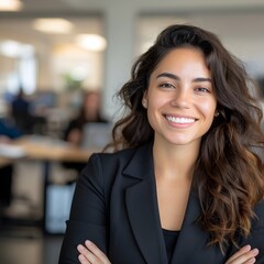 Obraz premium Confident businesswoman smiling, office background, team blurred