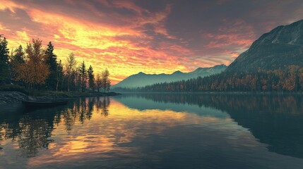 A beautiful sunset over a lake with mountains in the background