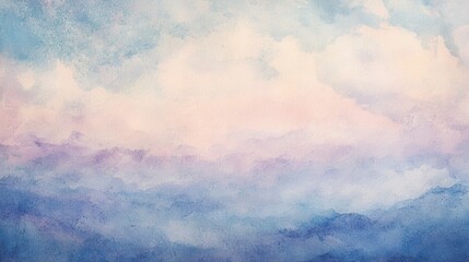 A painting of a blue sky with clouds and mountains in the background