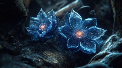 Glowing blue flowers, dark forest, fantasy art, game asset