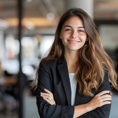 Naklejka premium Confident woman, office background, arms crossed, smiling, portrait