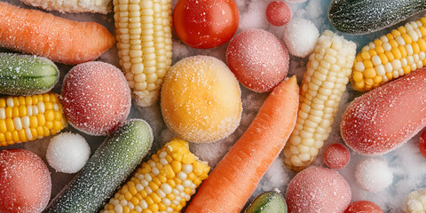 Frozen vegetables and fruits: corn, carrots, cucumbers, tomatoes. A colorful mix of healthy, frozen produce, ready for use.