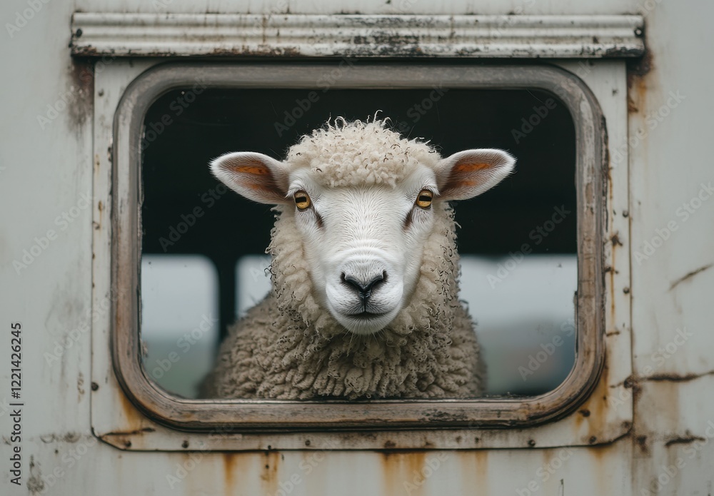 Poster sheep peering through a window of an old vehicle with rustic charm capturing the essence of rural li
