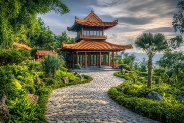 Fototapeta premium A serene pagoda-style building surrounded by a peaceful landscaped garden with a stone pathway