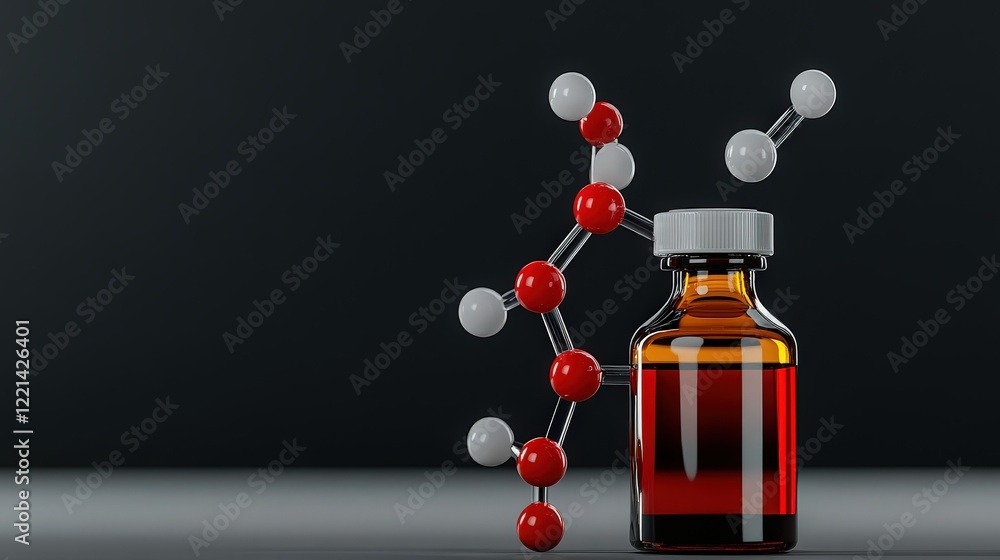 Poster molecular structure and amber vial: a captivating image showcasing a detailed 3d rendering of a mole