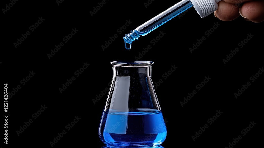 Poster blue liquid in erlenmeyer flask: a close-up shot of a hand using a pipette to add a vibrant blue liq