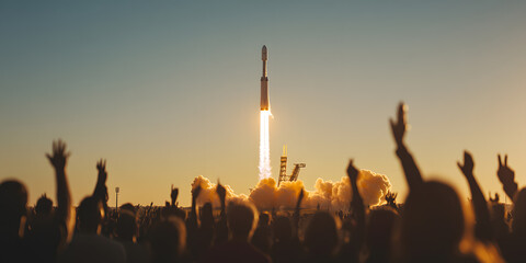 A rocket launch witnessed by a crowd silhouetted against a vibrant sunset. A powerful moment of awe and excitement.