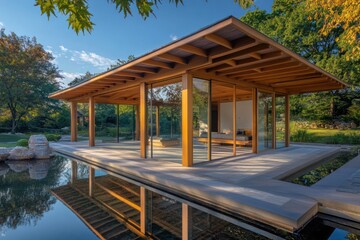 Fototapeta premium A serene pavilion with a rectangular layout, wooden beams, and sliding glass walls overlooking a pond