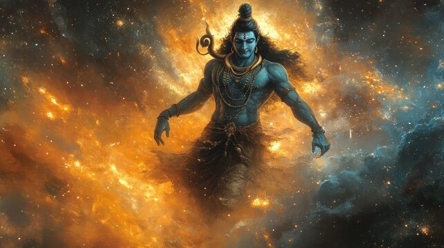 Lord Shiva the cosmic dancer stands amidst a vibrant nebula