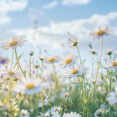 Daisies bloom brightly in a sunny field